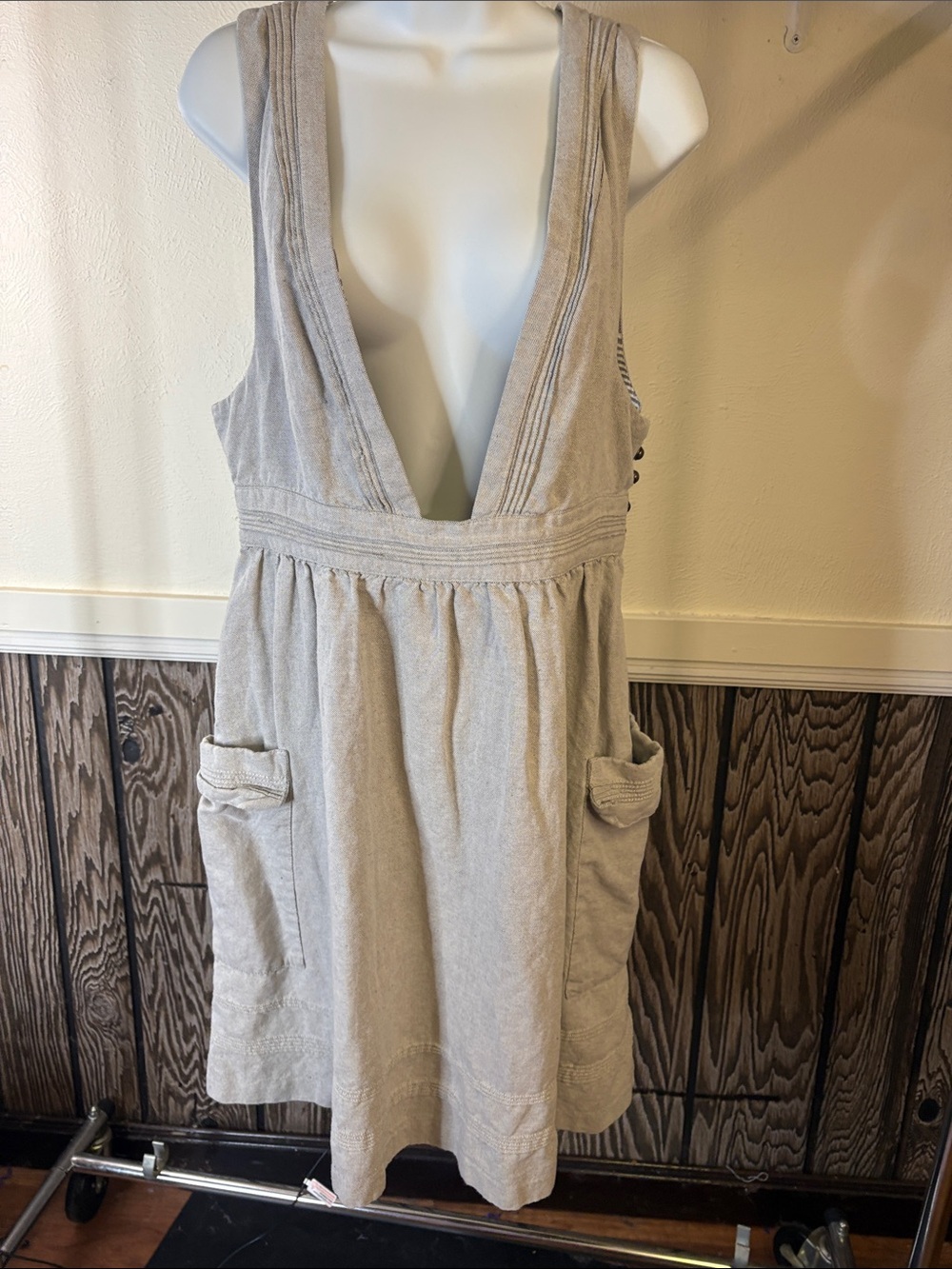 Meadow Rue Grey Creme Deep-V Foraging Pinafore with Deep Pockets